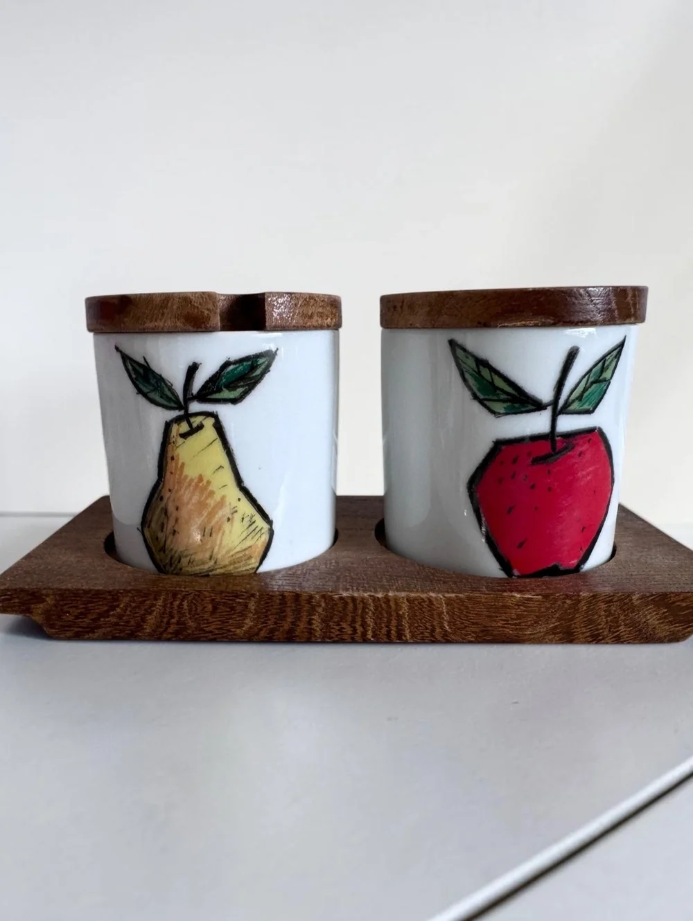 Vintage Japan Fruit Condiment Jars Set of 2 Ceramic Wood Lids & Holder MCM